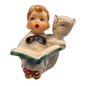 Vintage Ceramic Choir Boy Candle Holder Figurine Christmas Caroler Gold Trim